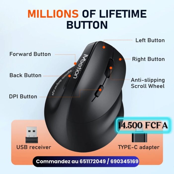 Souris Ergonomique Sans Fil WiFi - Portée 15m - Charge Intelligente - Ouverte Jamais Utilisée
