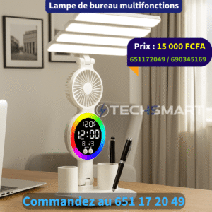 Lampe de bureau multifonction 4-en-1 avec ventilateur, horloge et RVB